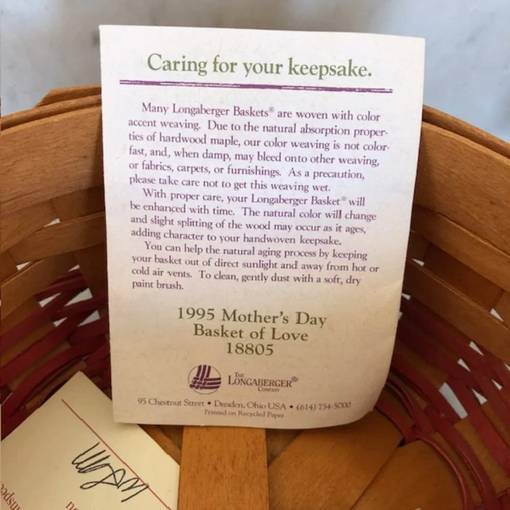LONGABERGER Mother's Day Basket of Love Liner Protector 1995